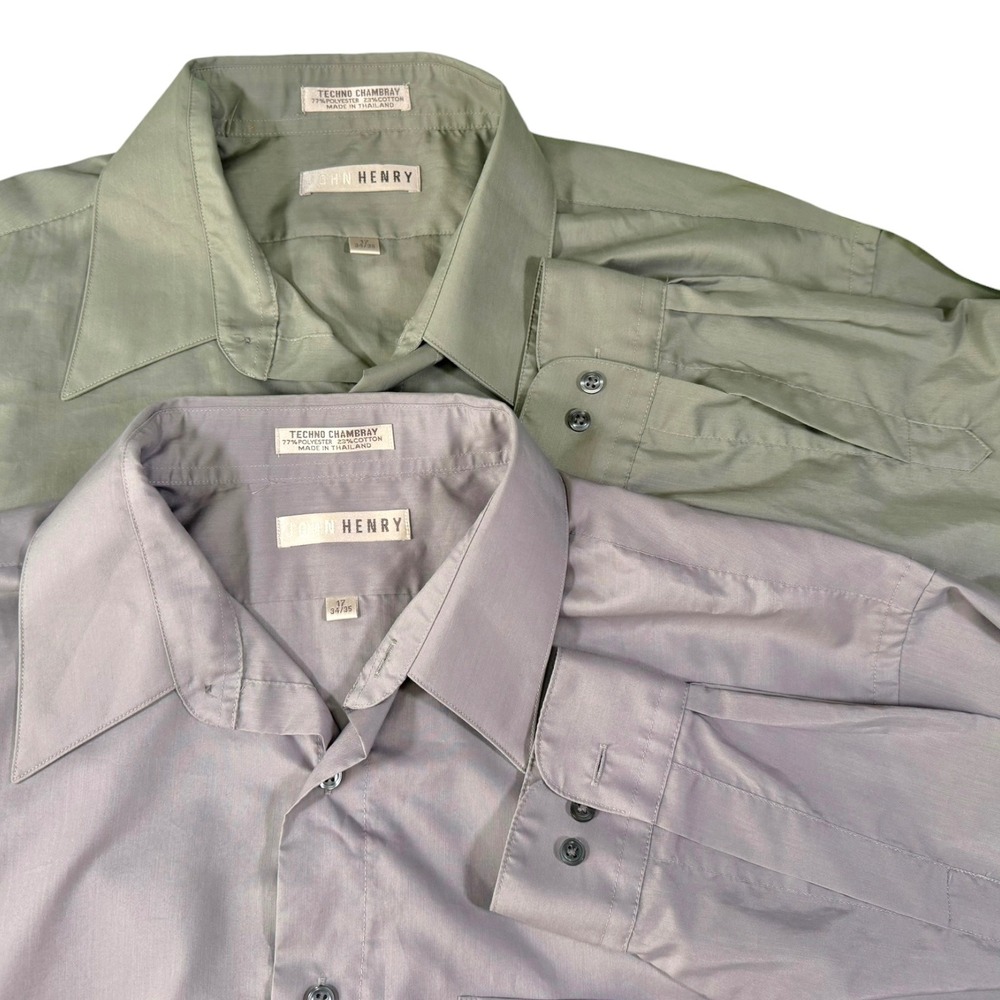 2pack John Henry 17 34/35 Green Purple Button Down Shirt Set Techno Chambray